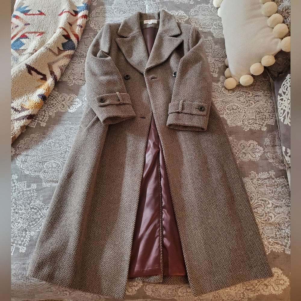 Gorgeous Women's Brown Herringbone Double-Breasted Winter Coat Alpaca Wool - Picture 3 of 15